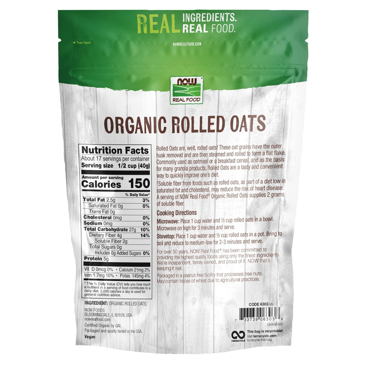 NOW Foods, Organic Rolled Oats, Source of Fiber, Protein and Iron, 24 ...