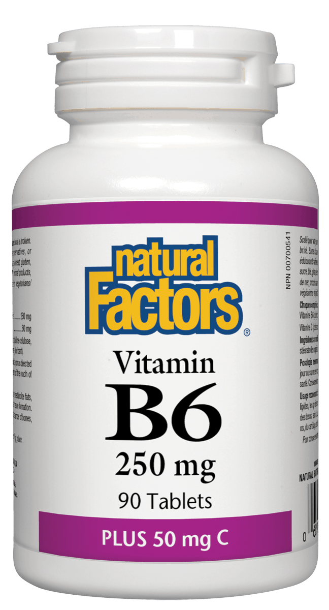 Natural Factors B6, Pyridoxine HCl, Plus Vitamin C, 250 Mg, 90 Tablets