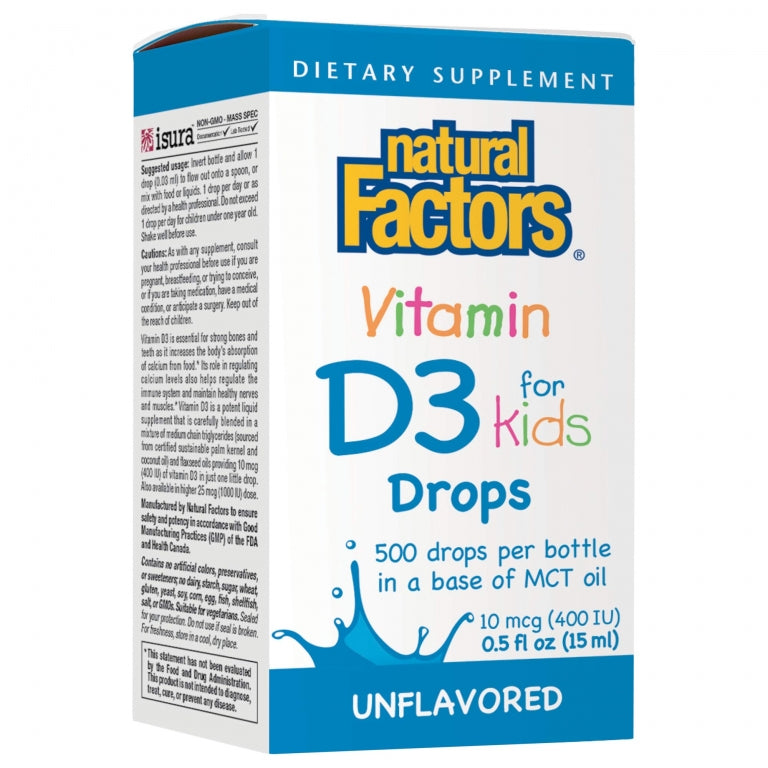 Natural Factors Vitamin D3 Drops For Kids, Unflavored, 10 Mcg (400 IU), 0.5 Fl Oz (15 Ml)