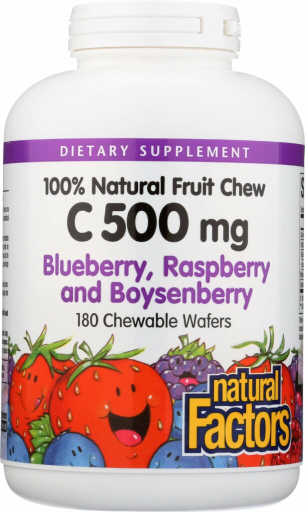 Natural Factors 100% Fruit Chew Vitamin C, Blueberry, Raspberry And Boysenberry, 500 Mg, 180 Chewable Wafers