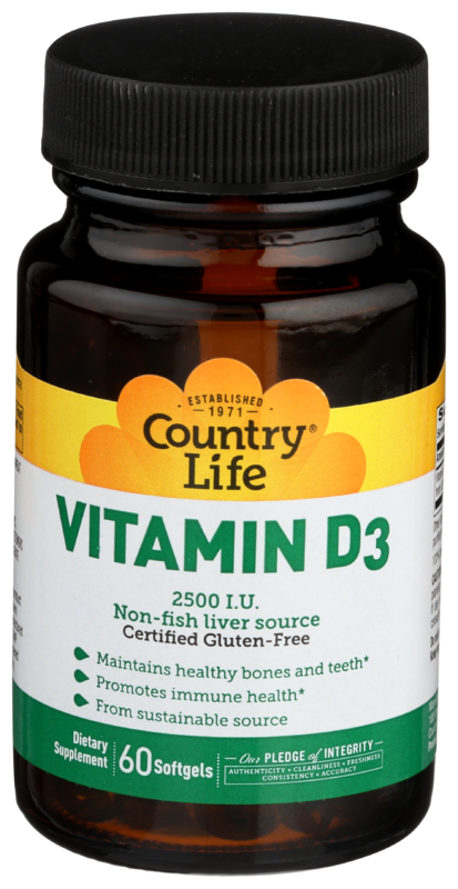 Country Life Vitamin D3 2500 IU, 60 Soft Gels