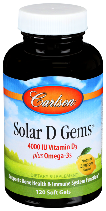 Carlson Labs Solar D Gems Dietary Supplement Soft Gels, Natural Lemon Flavor