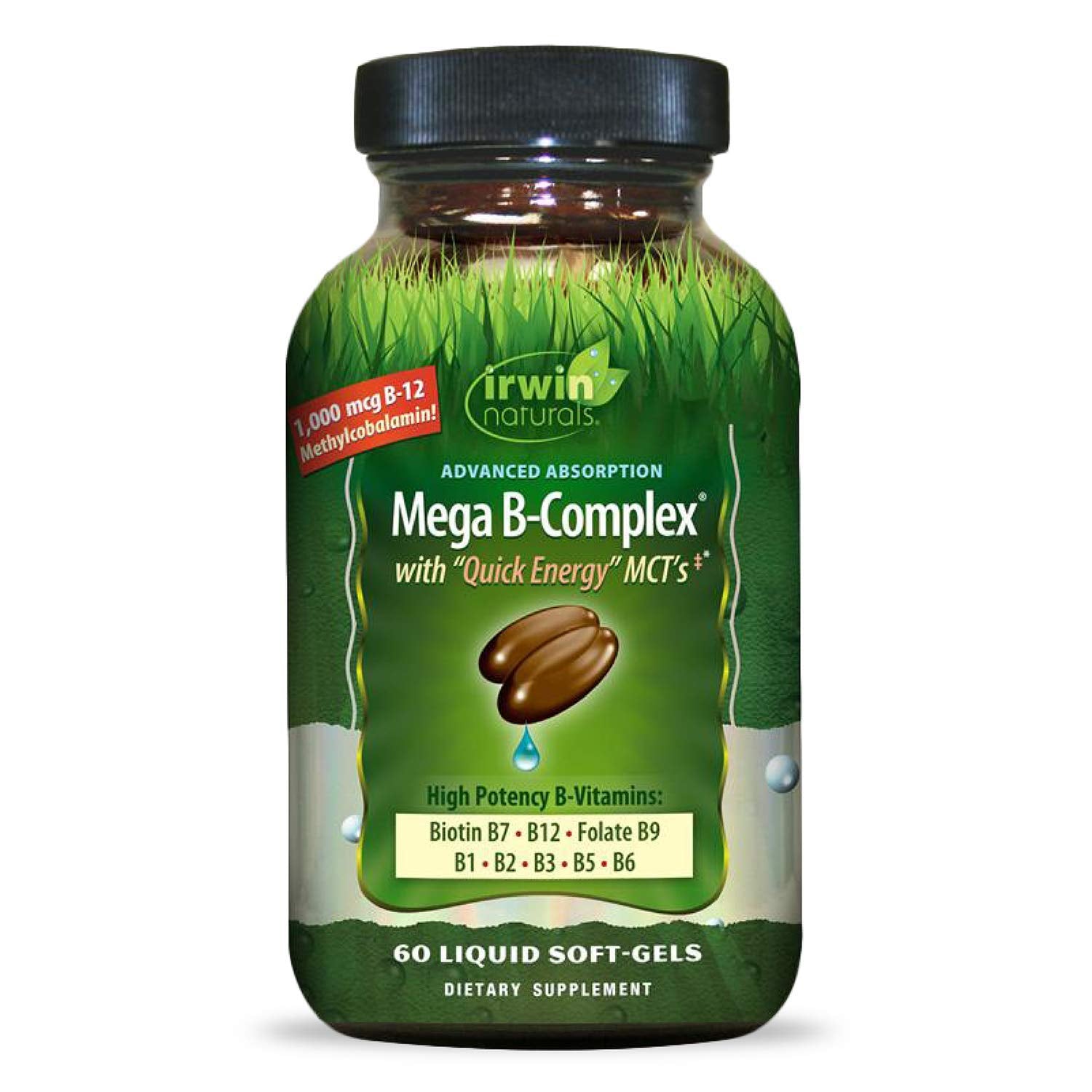Irwin Naturals Mega-B Complex - 1, 000 Mcg B-12 - High Potency B-Vitamins With Quick Energy MCTs - 60 Liquid Softgels
