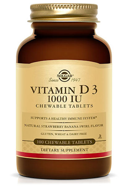 Solgar Vitamin D3, Natural Strawberry Banana Swirl Flavor, 1000 IU, 100 Chewable Tablets