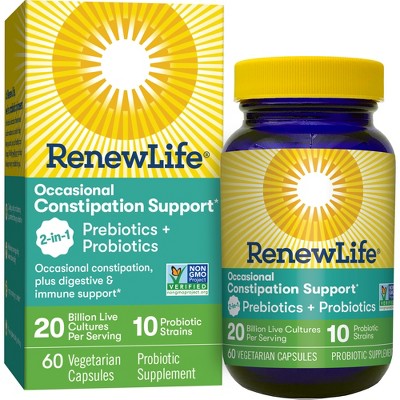 Renew Life Re 2-in1 Prebiotics + Probiotics, Adult, Occasional Constipation Support, Probiotic Supplement, 20 Billion CFU, 60 Capsules