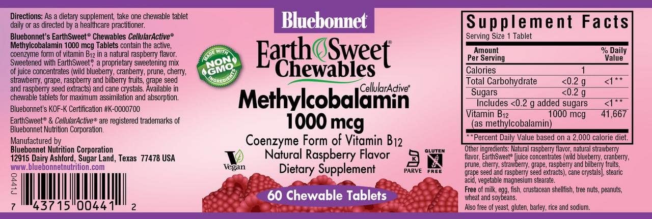 Bluebonnet Nutrition, EarthSweet, Methylcobalamin, Natural Raspberry Flavor, 1000 Mcg, 60 Chewable Tablets