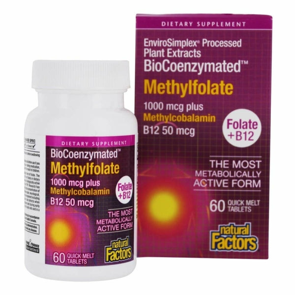 Natural Factors BioCoenzymated, Folate B12, Methylfolate, 1, 000 Mcg, 60 Quick Melt Tablets