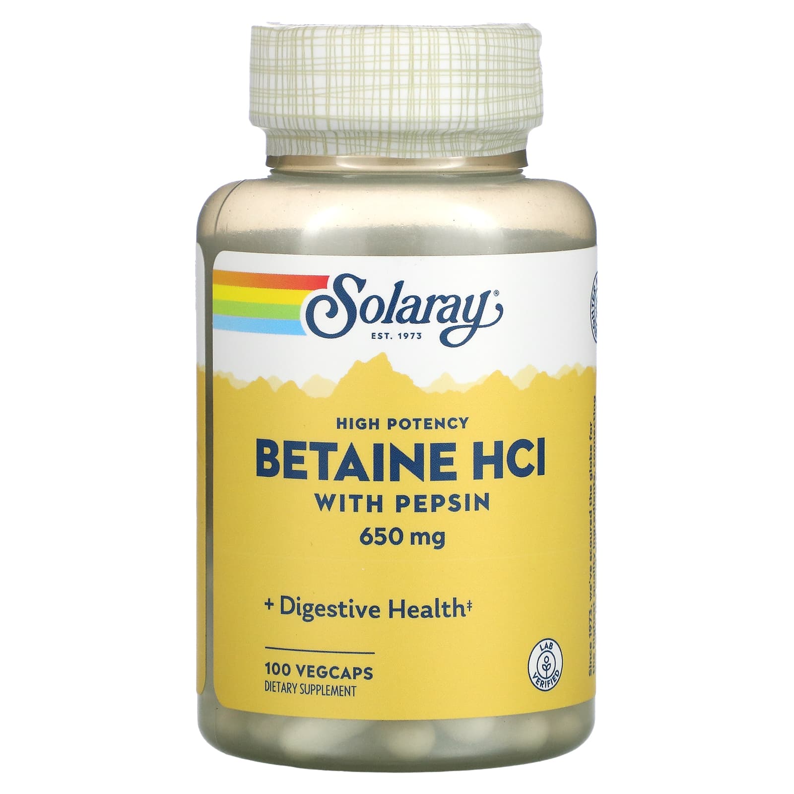 Solaray HCL With Pepsin, 650 Mg, 100 Vegetarian Capsules