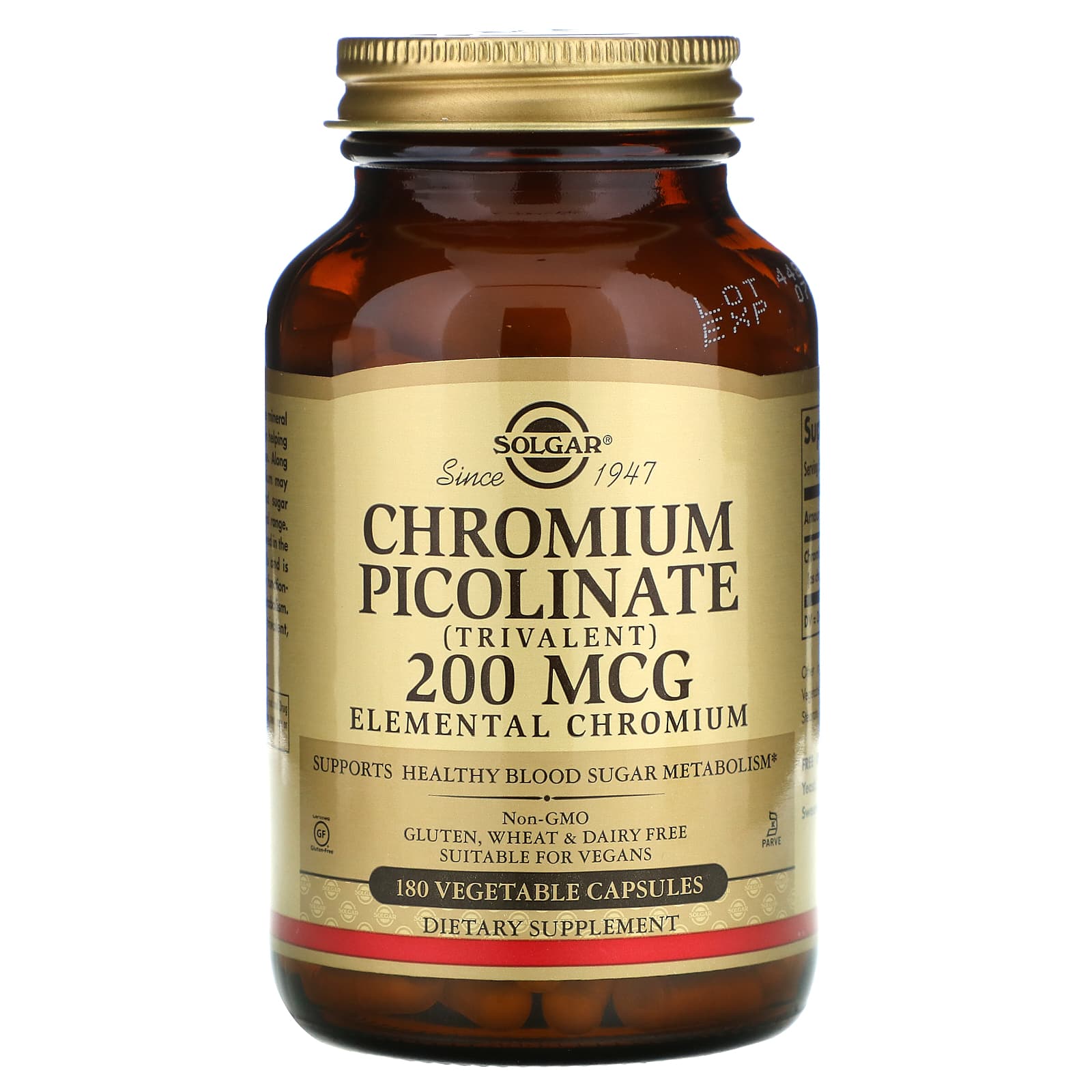 Solgar Chromium Picolinate 200 Mcg, 180 Vegetable Capsules