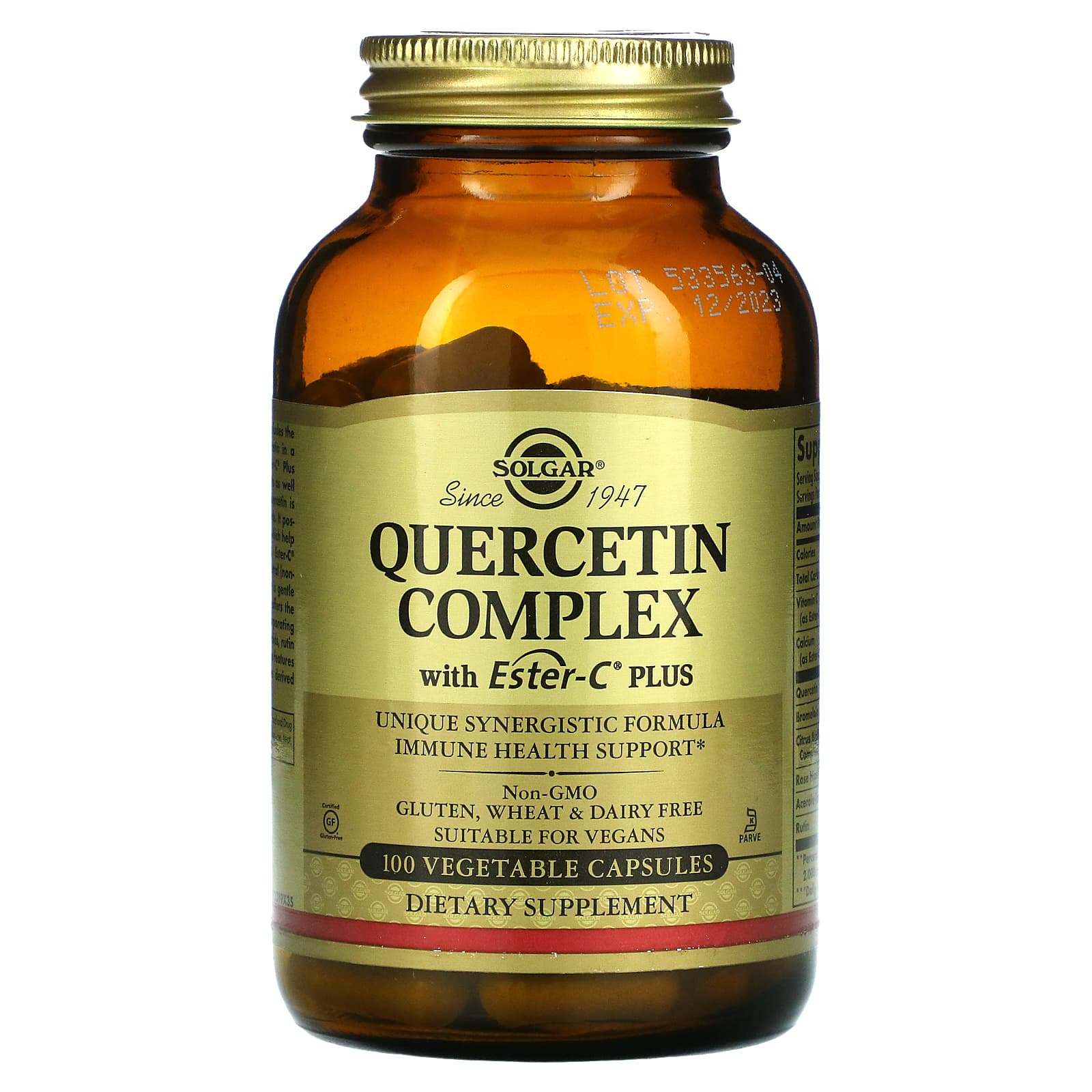 Solgar Quercetin Complex With Ester-C Plus, 100 Vegetable Capsules - Supports Immune Health, Antioxidant - Gentle On The Stomach Vitamin C - Non-GMO, Vegan, Gluten Free, Dairy Free - 50 Servings