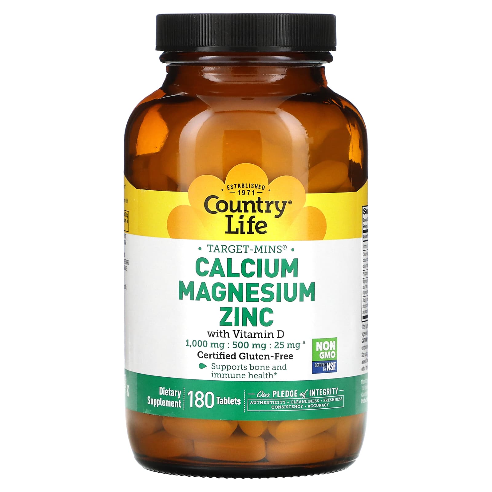 Country Life Gluten Free Calcium Magnesium Zinc, 180 Tablets
