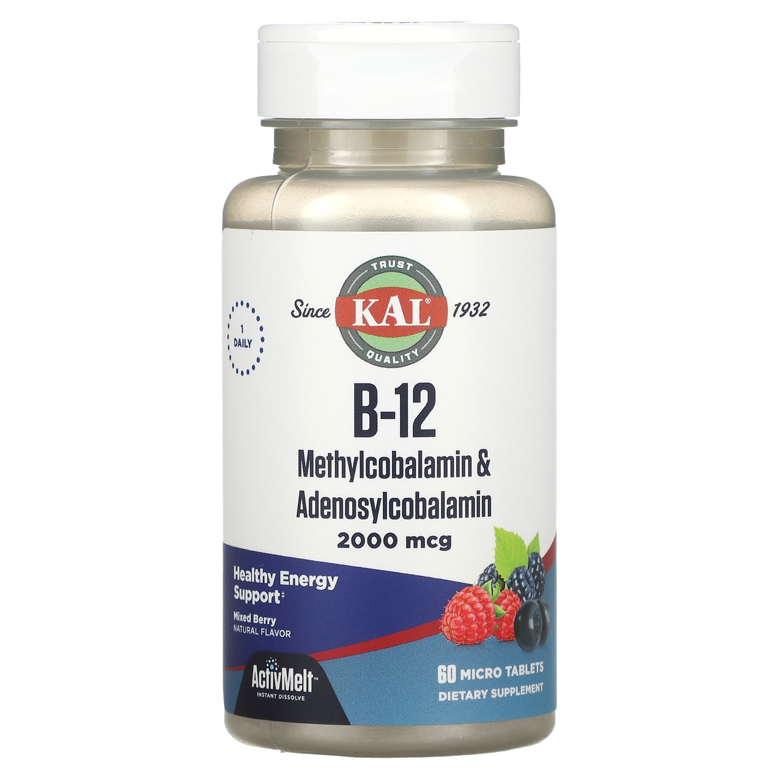 Kal B-12 Methylcobalamin Adenosyl ActivMelt, Mixed Berry, 2000 Mcg, 60 Micro Tablets