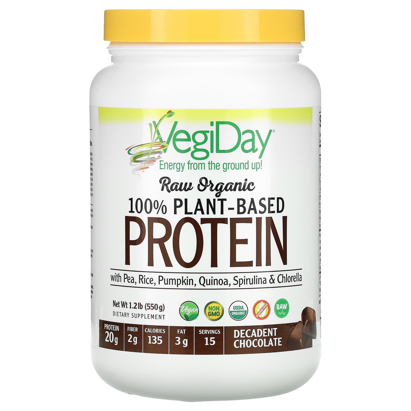 Natural Factors Vegiday Raw Organic 100% Plant-Based Protein – Decadent Chocolate, 17.14 Oz Powder