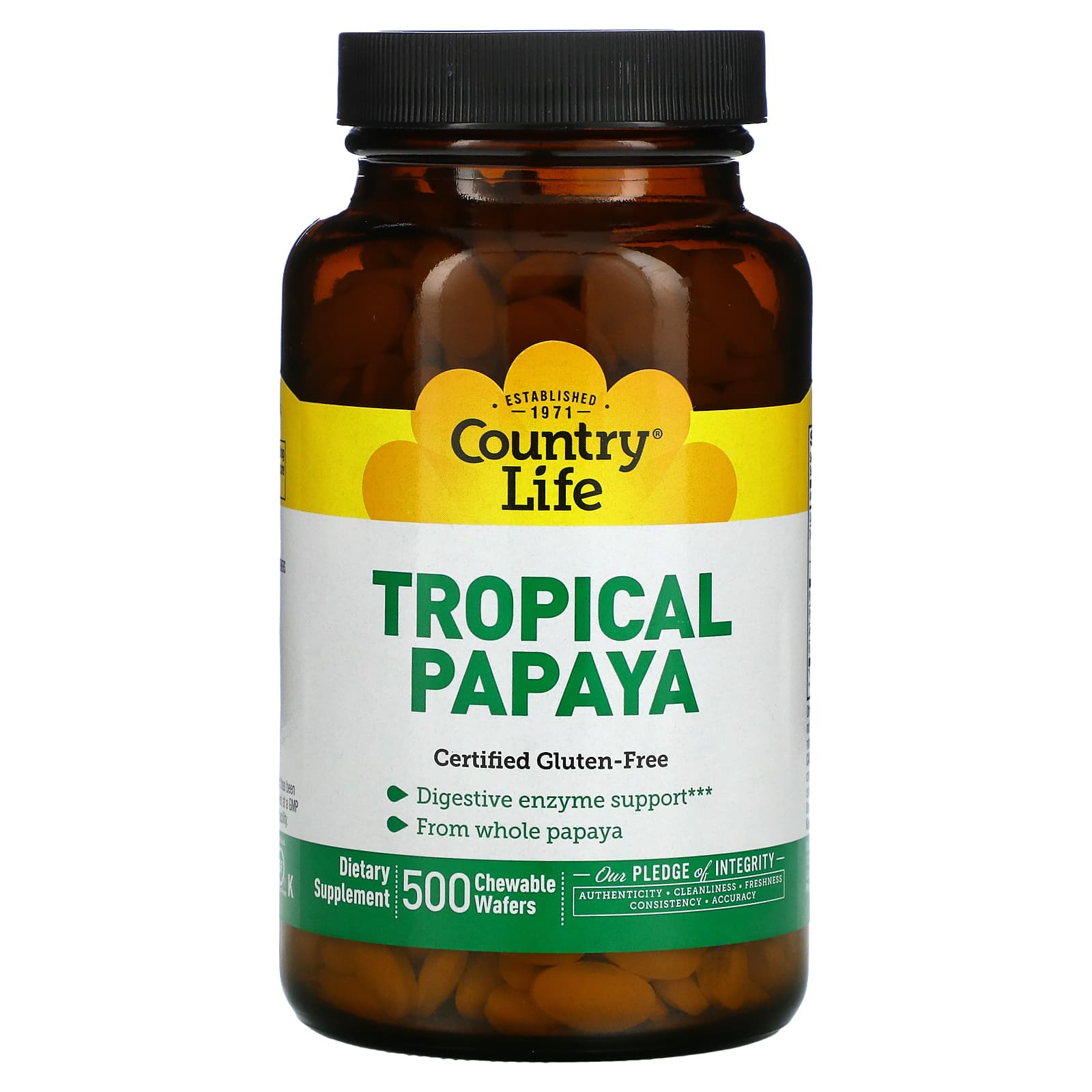 Country Life Gluten Free Natural Tropical Papaya, 500 Chewable Wafers
