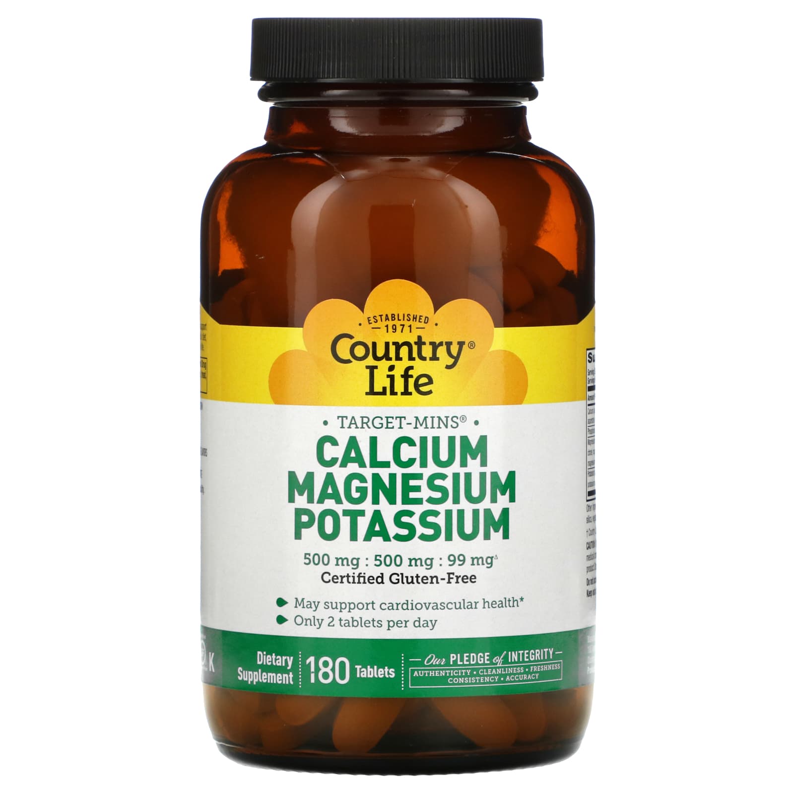 Country Life Gluten Free Calcium Magnesium Potassium, 180 Tablets