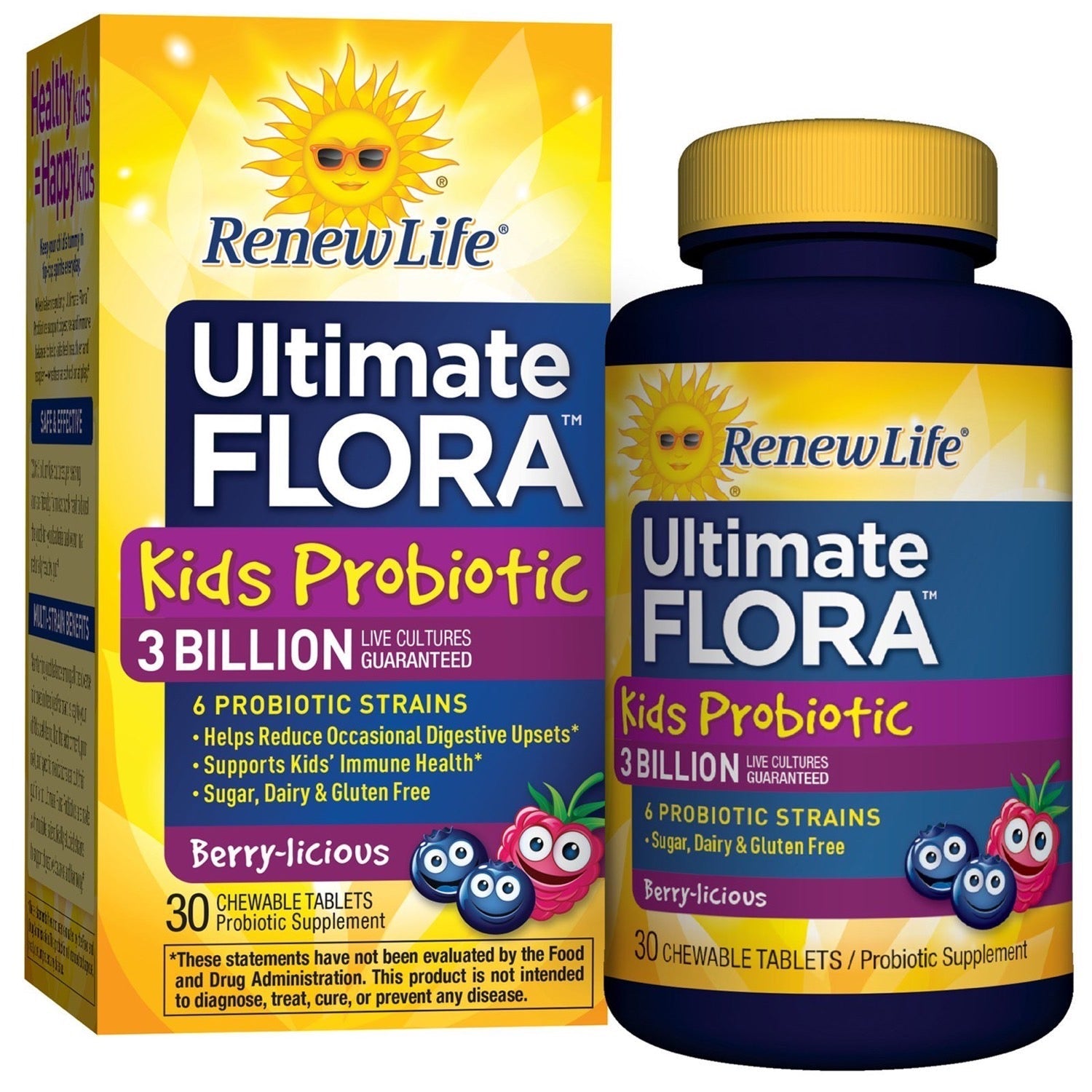 Renew Life Re Ultimate Flora Kids Probiotic, 3 Billion CFU Guaranteed, 6 Strains, Gluten, Dairy And Soy Free; 30 Chewable Tablets, Berry-licious Flavor, 60-Day Money Back Guarantee