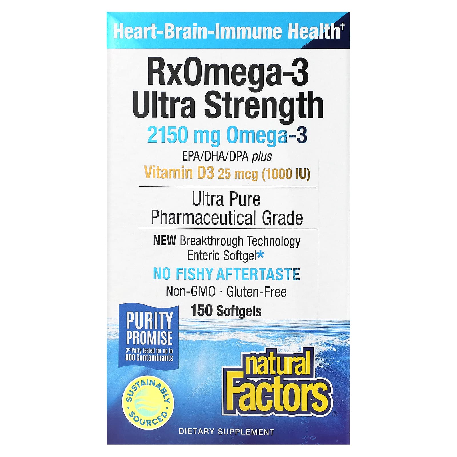 Natural Factors Ultra Strength, RxOmega-3, With Vitamin D3, 900 Mg EPA/DHA, 150 Enteripure Softgels