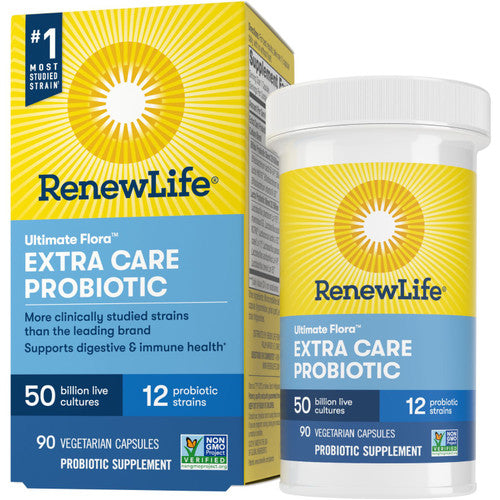 Renew Life Re Adult Extra Care Digestive* Probiotic, 50 Billion CFU Per Capsule Guaranteed, 12 Strains, Potent Shelf Stable Probiotic; 90 Capsules