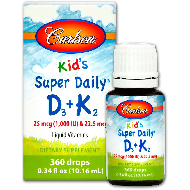 Carlson Labs Kid's Super Daily D3+K2, 25 Mcg (1000 IU) & 22.5 Mcg, Liquid Vitamins D & K, Vegetarian, Unflavored, 360 Drops