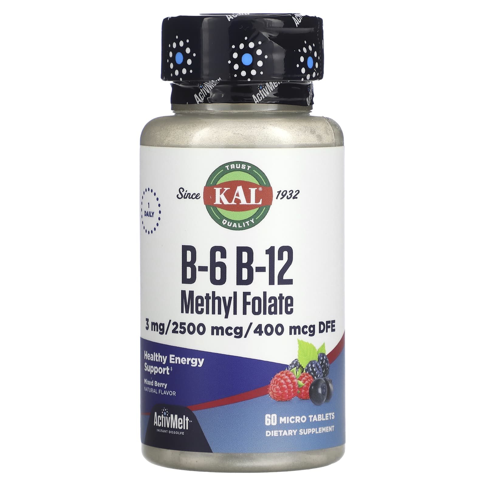 Kal B-6 B-12 Methyl Folate, Mixed Berry, 3 Mg / 2500 Mcg / 400 Mcg, 60 Micro Tablets
